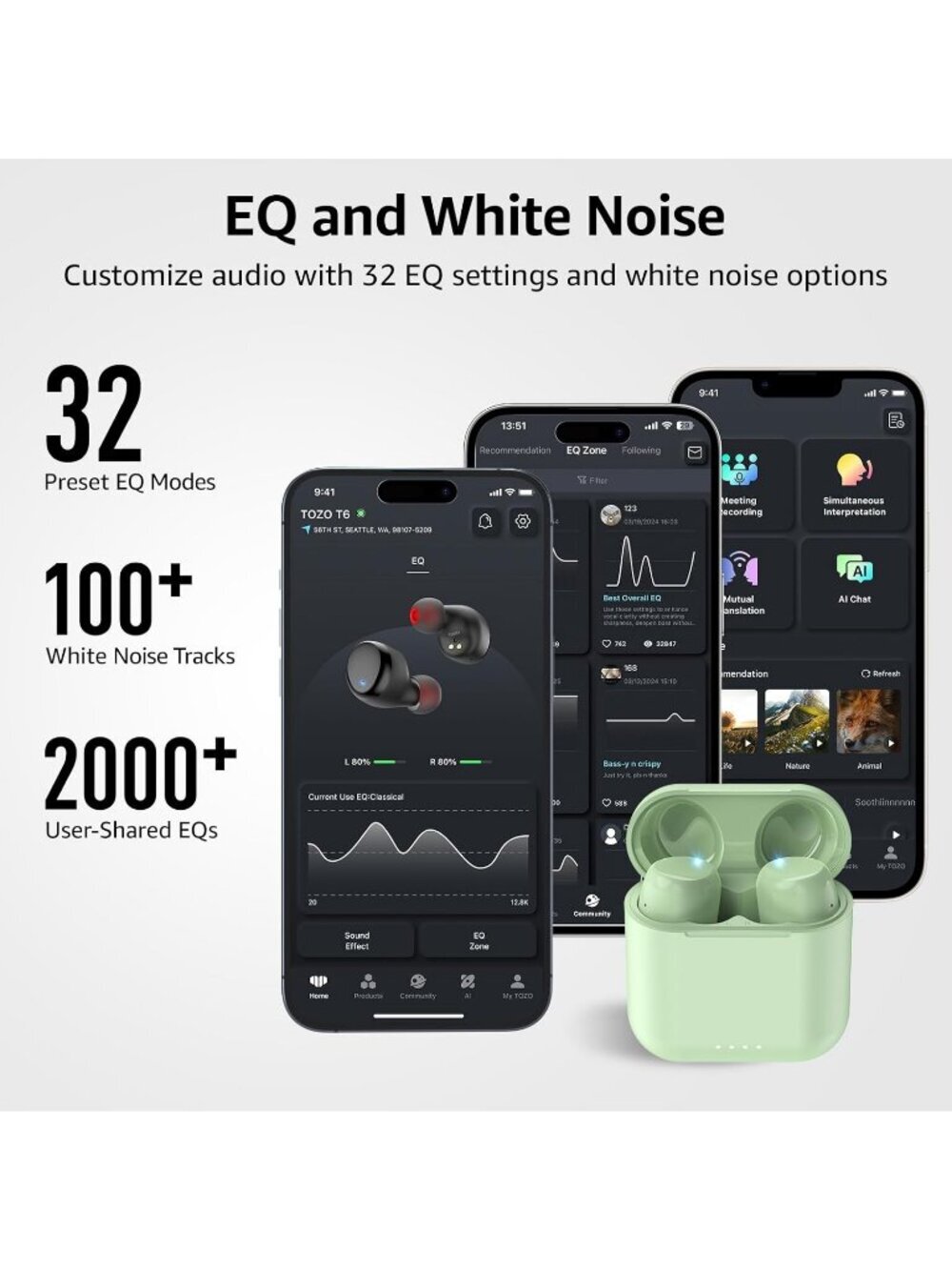 Wireless Green Stereo Sound 50 Hours Playtime Waterproof Bluetooth 5.3 Earbud - Picture 6 of 6